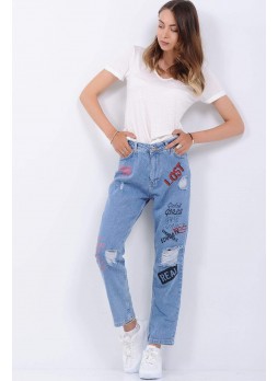 Baskılı Kesikli Buz Mavisi Denim