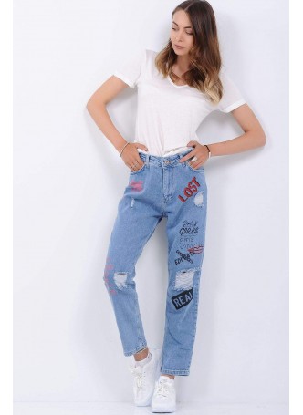 Baskılı Kesikli Buz Mavisi Denim