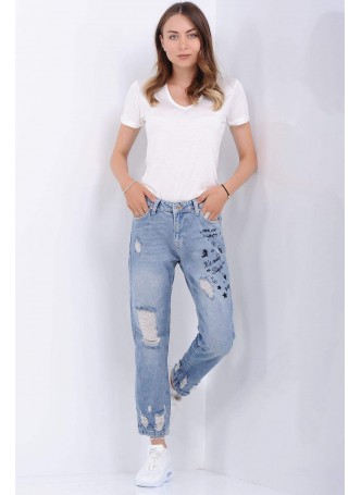 Kesikli Baskılı Açık Mavi Denim