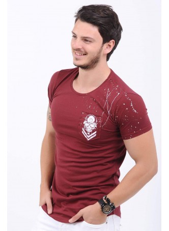 Cep Püskürtme Baskılı Bordo T-Shirt