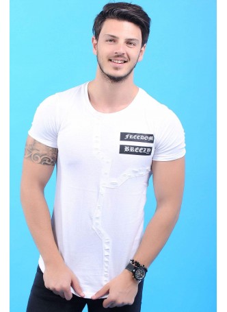 Freedom Baskı Kesikli Beyaz T-Shirt