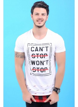 Stop Baskılı Etek Kesik Beyaz T-Shirt