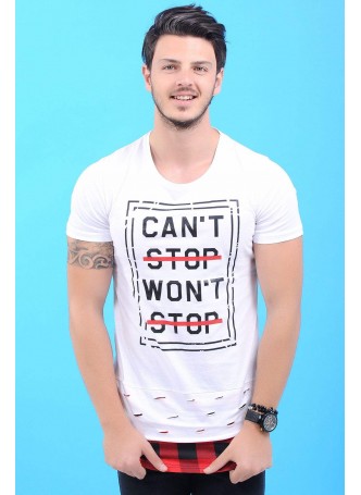 Stop Baskılı Etek Kesik Beyaz T-Shirt