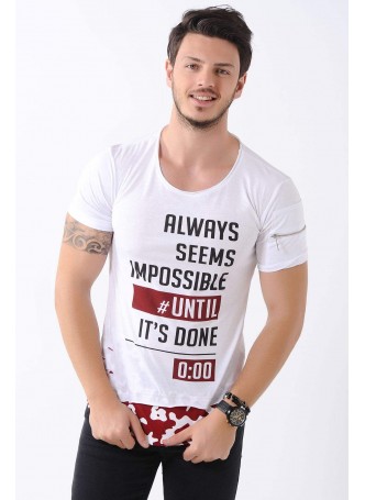 Baskılı Etek Detay Beyaz T-Shirt
