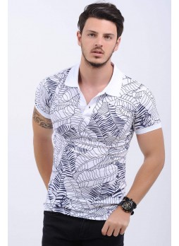 Siyah Desenli Polo Yaka Beyaz T-Shirt