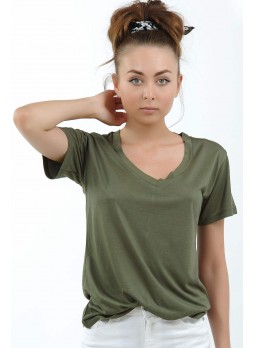 V Yaka Salaş Haki T-Shirt