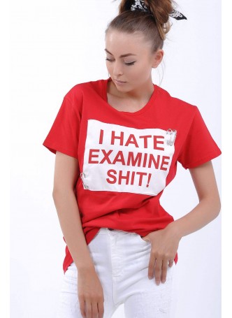 I Hate Baskılı Kırmızı T-Shirt