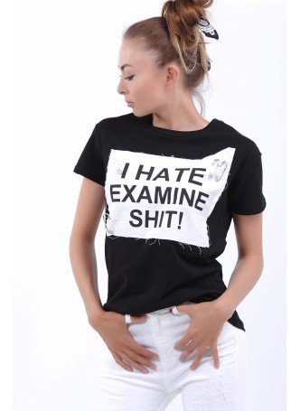 I Hate Baskılı Siyah T-Shirt