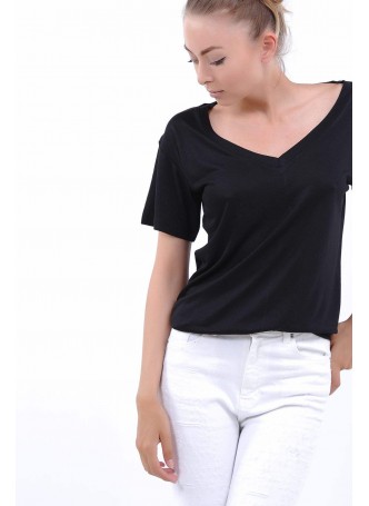 V Yaka Salaş Siyah T-Shirt