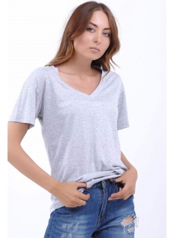 V Yaka Gri T-Shirt