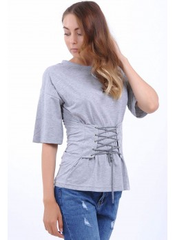 Önden Bağcıklı Gri T-Shirt