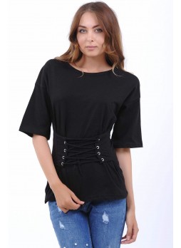Önden Bağcıklı Siyah T-Shirt