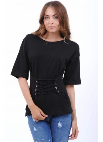 Önden Bağcıklı Siyah T-Shirt