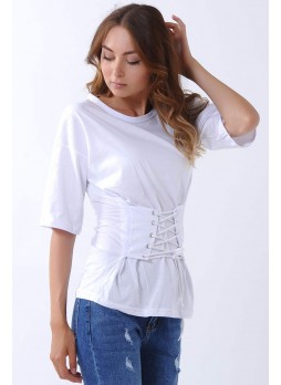 Önden Bağcıklı Beyaz T-Shirt