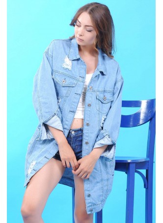 Kesikli Uzun Açık Mavi Kot Ceket