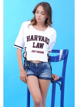 Harvard Law Baskılı Salaş Beyaz T-Shirt