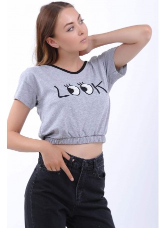 Kabartma Look Baskılı Gri T-Shirt