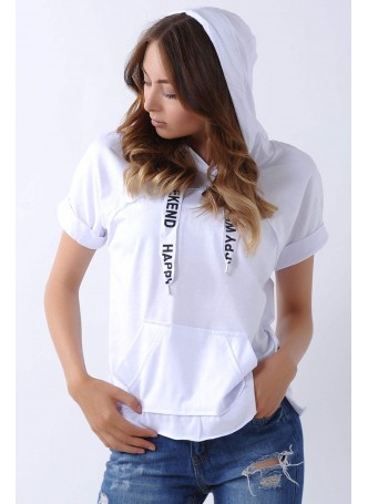 Kanguru Cep Kapşonlu Beyaz T-Shirt