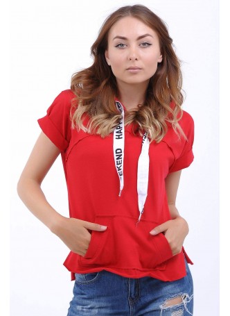 Kanguru Cep Kapşonlu Kırmızı T-Shirt