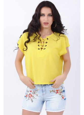Bağcık Yaka Sarı T-Shirt