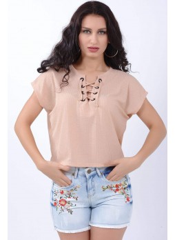 Bağcık Yaka Pudra T-Shirt