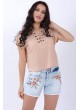 Bağcık Yaka Pudra T-Shirt