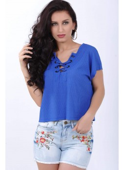 Bağcık Yaka Saks Mavisi T-Shirt