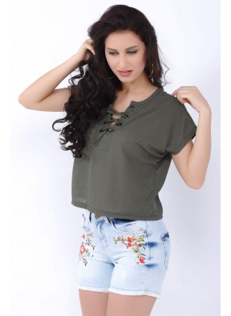 Bağcık Yaka Haki T-Shirt