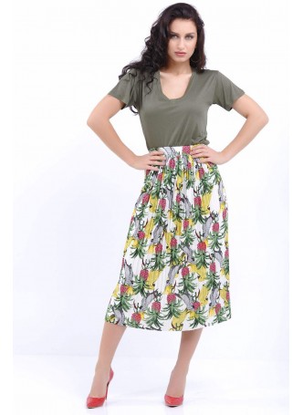 Papağan Desenli Piliseli Beyaz Etek