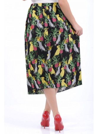 Papağan Desenli Piliseli Siyah Etek