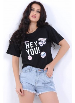 Hey You Baskı Armalı Siyah T-Shirt