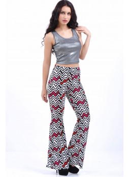 Zigzag Desenli İspanyol Paça Kırmızı Pantolon