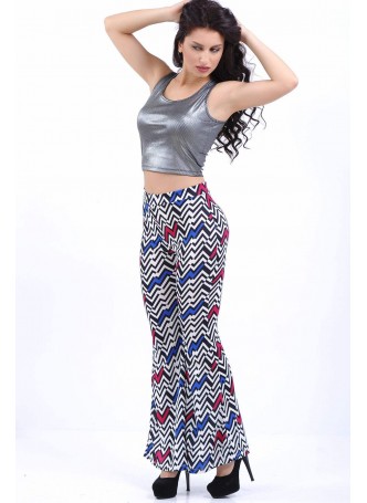 Zigzag Desenli İspanyol Paça Mavi Pantolon