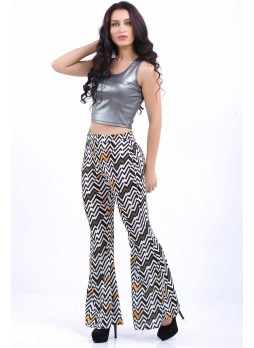 Zigzag Desenli İspanyol Paça Sarı Pantolon