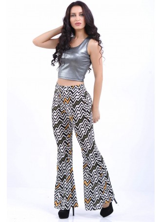 Zigzag Desenli İspanyol Paça Sarı Pantolon