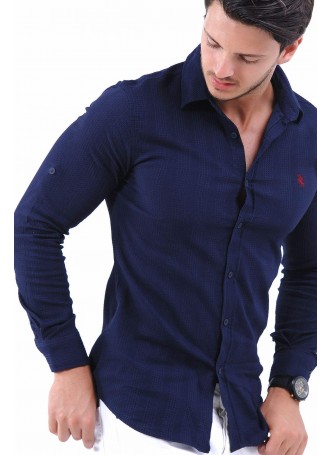 Çizgili Kabartma Desen Lacivert Gömlek