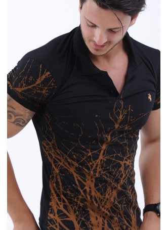 Turuncu Baskı Polo Yaka Siyah T-Shirt