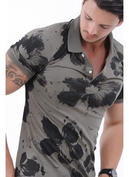 Siyah Çiçek Desen Polo Yaka Haki T-Shirt