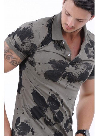 Siyah Çiçek Desen Polo Yaka Haki T-Shirt