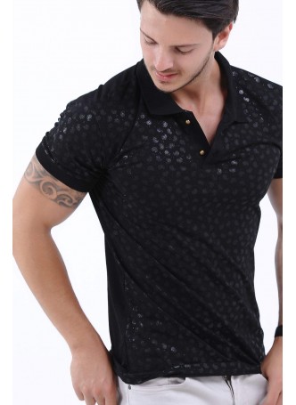 Baskı Desen Polo Yaka Siyah T-Shirt