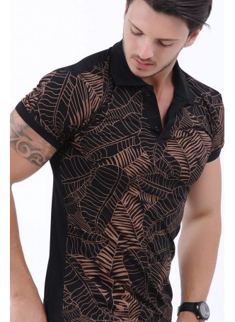 Turuncu Desen Polo Yaka Siyah T-Shirt