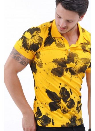 Siyah Çiçek Desen Polo Yaka Sarı T-Shirt