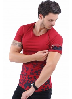 Lacivert Baskı Kol Fermuar Kırmızı T-Shirt