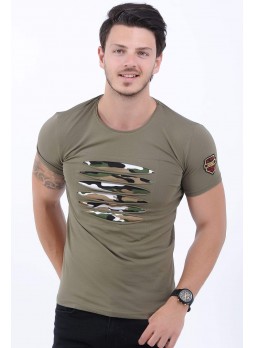 Kesikli Kamuflaj Detay Haki T-Shirt