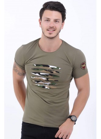 Kesikli Kamuflaj Detay Haki T-Shirt