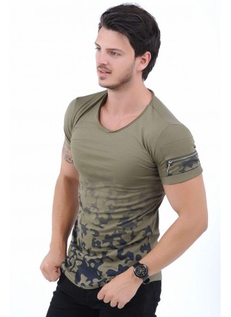 Lacivert Baskı Kol Fermuar Haki T-Shirt