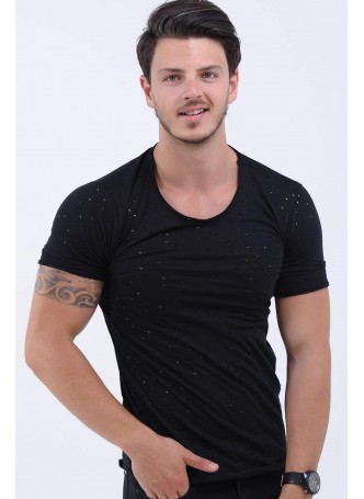 Kesikli O Yaka Siyah T-Shirt