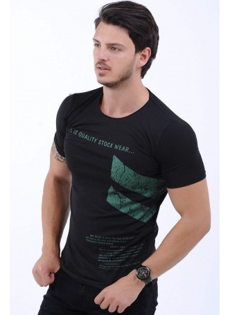 Yeşil Baskılı Siyah T-Shirt