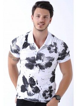 Siyah Çiçek Desen Polo Yaka Beyaz T-Shirt
