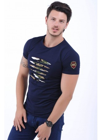 Kesikli Kamuflaj Detay Lacivert T-Shirt
